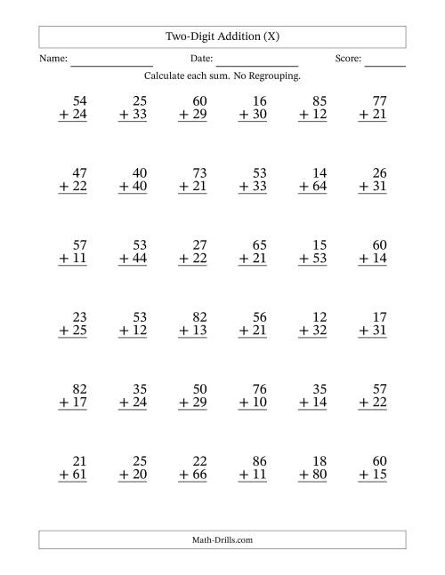 The Two-Digit Addition With No Regrouping – 36 Questions (X) Math Worksheet