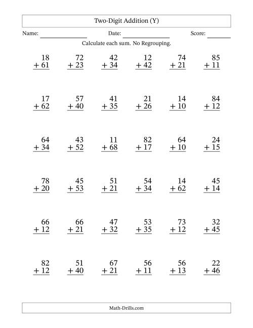 The Two-Digit Addition With No Regrouping – 36 Questions (Y) Math Worksheet