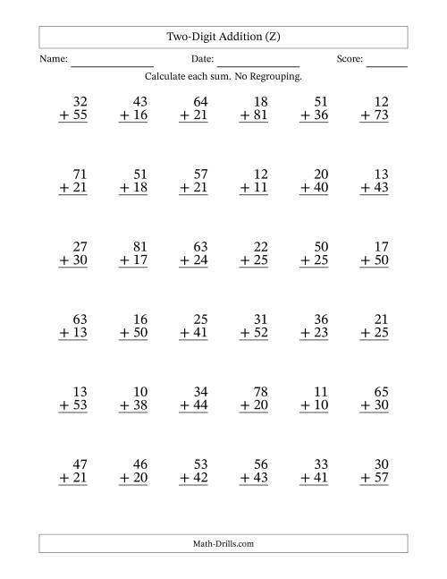 The Two-Digit Addition With No Regrouping – 36 Questions (Z) Math Worksheet