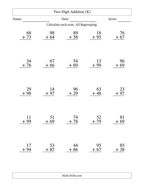 The Two-Digit Addition With All Regrouping – 25 Questions (K) Math Worksheet