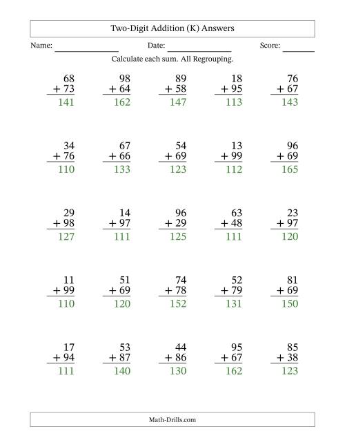 The Two-Digit Addition With All Regrouping – 25 Questions (K) Math Worksheet Page 2