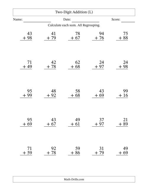 The Two-Digit Addition With All Regrouping – 25 Questions (L) Math Worksheet