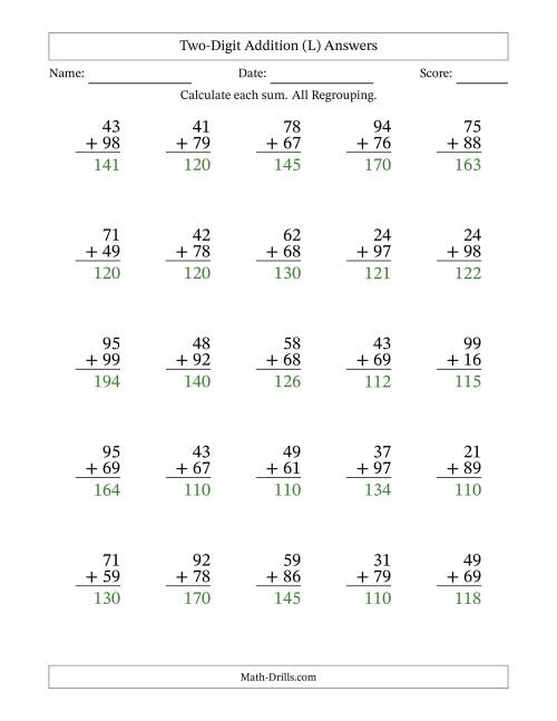 The Two-Digit Addition With All Regrouping – 25 Questions (L) Math Worksheet Page 2