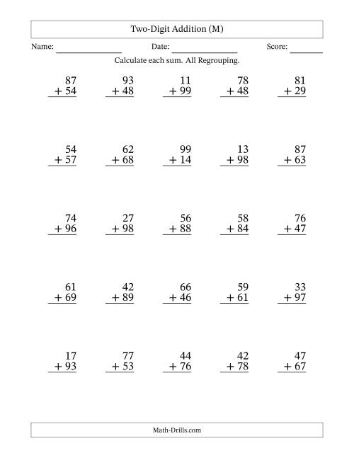 The Two-Digit Addition With All Regrouping – 25 Questions (M) Math Worksheet