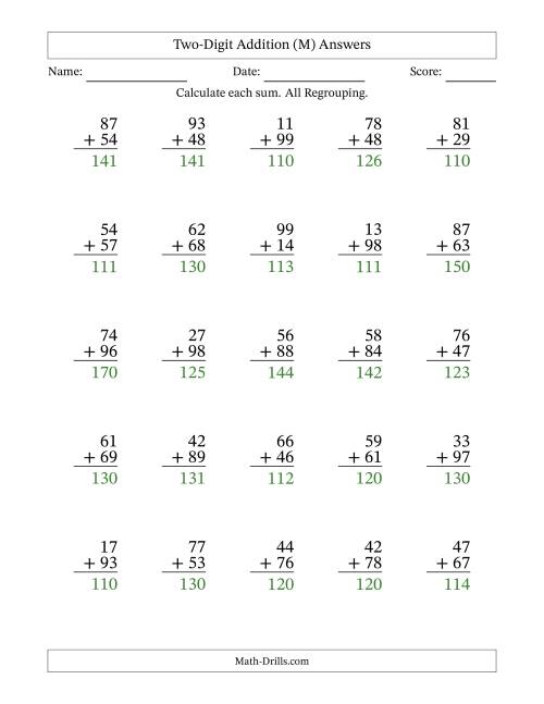 The Two-Digit Addition With All Regrouping – 25 Questions (M) Math Worksheet Page 2
