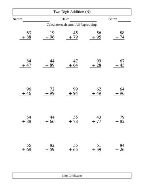 The Two-Digit Addition With All Regrouping – 25 Questions (N) Math Worksheet