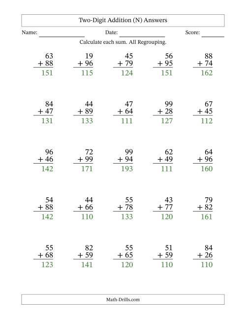 The Two-Digit Addition With All Regrouping – 25 Questions (N) Math Worksheet Page 2
