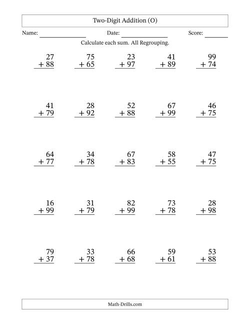 The Two-Digit Addition With All Regrouping – 25 Questions (O) Math Worksheet
