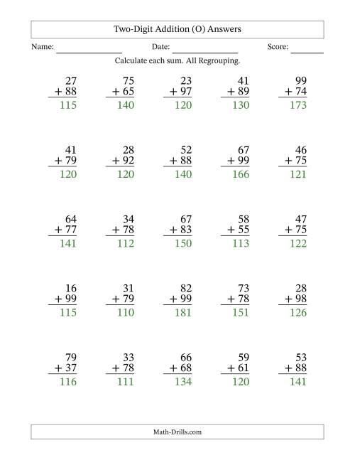 The Two-Digit Addition With All Regrouping – 25 Questions (O) Math Worksheet Page 2