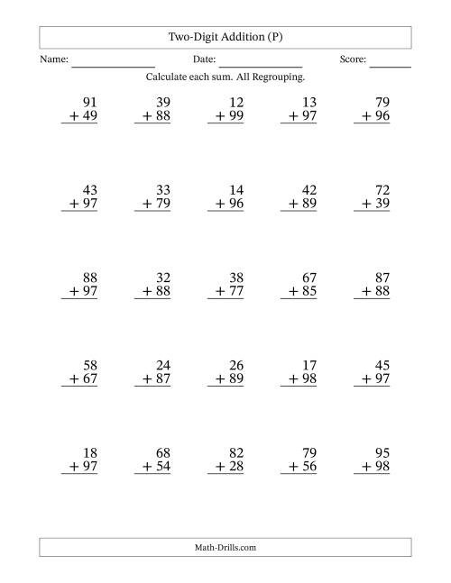 The Two-Digit Addition With All Regrouping – 25 Questions (P) Math Worksheet