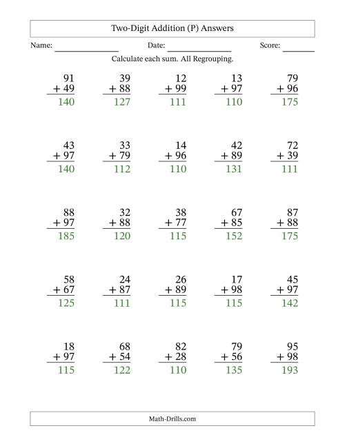 The Two-Digit Addition With All Regrouping – 25 Questions (P) Math Worksheet Page 2