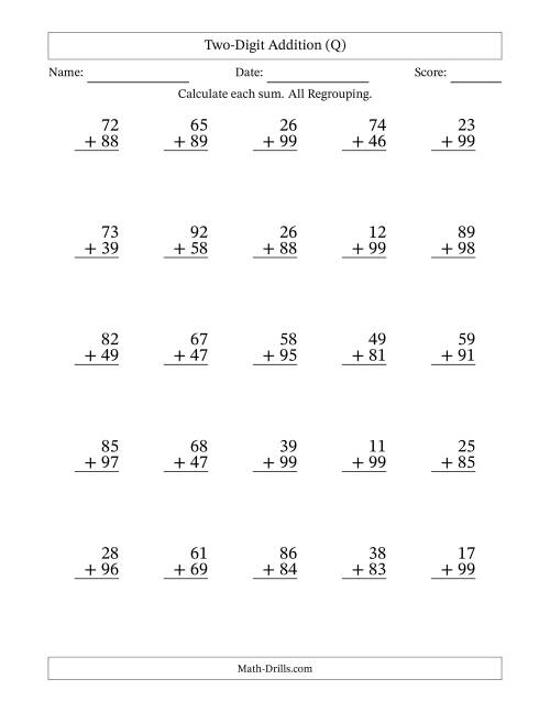 The Two-Digit Addition With All Regrouping – 25 Questions (Q) Math Worksheet
