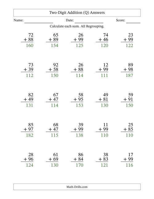 The Two-Digit Addition With All Regrouping – 25 Questions (Q) Math Worksheet Page 2