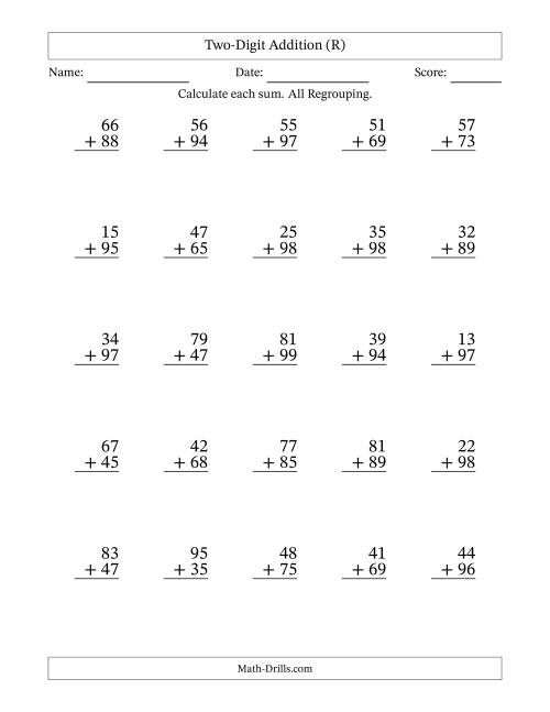 The Two-Digit Addition With All Regrouping – 25 Questions (R) Math Worksheet