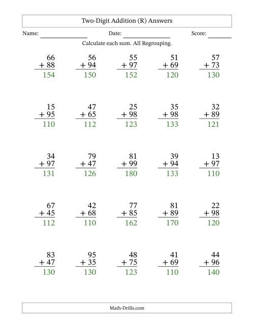 The Two-Digit Addition With All Regrouping – 25 Questions (R) Math Worksheet Page 2