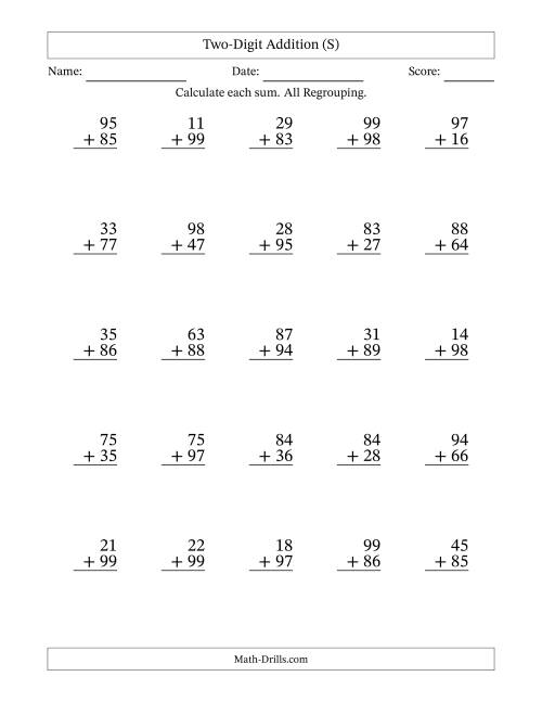 The Two-Digit Addition With All Regrouping – 25 Questions (S) Math Worksheet