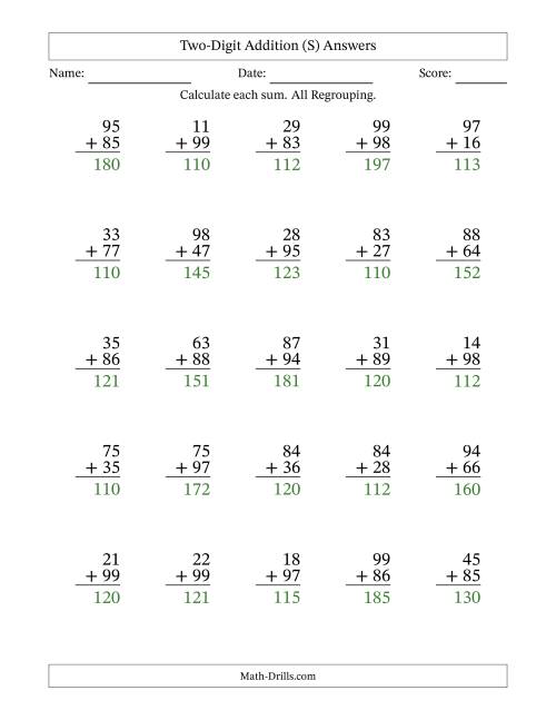 The Two-Digit Addition With All Regrouping – 25 Questions (S) Math Worksheet Page 2
