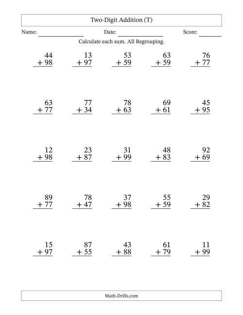 The Two-Digit Addition With All Regrouping – 25 Questions (T) Math Worksheet