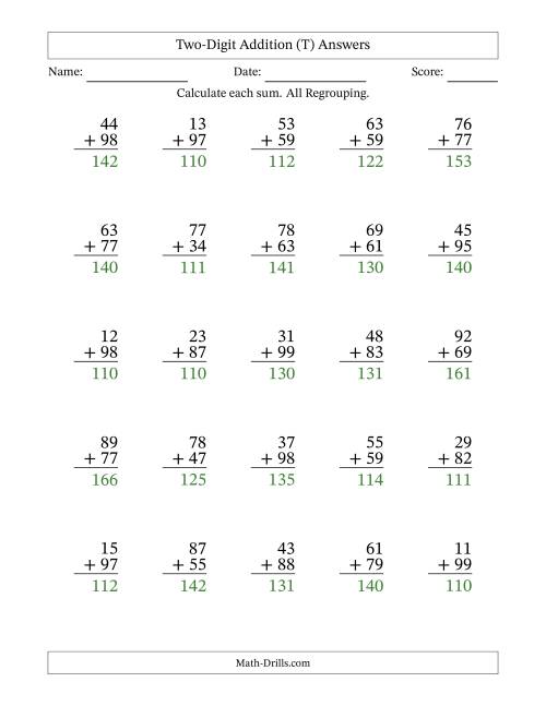 The Two-Digit Addition With All Regrouping – 25 Questions (T) Math Worksheet Page 2