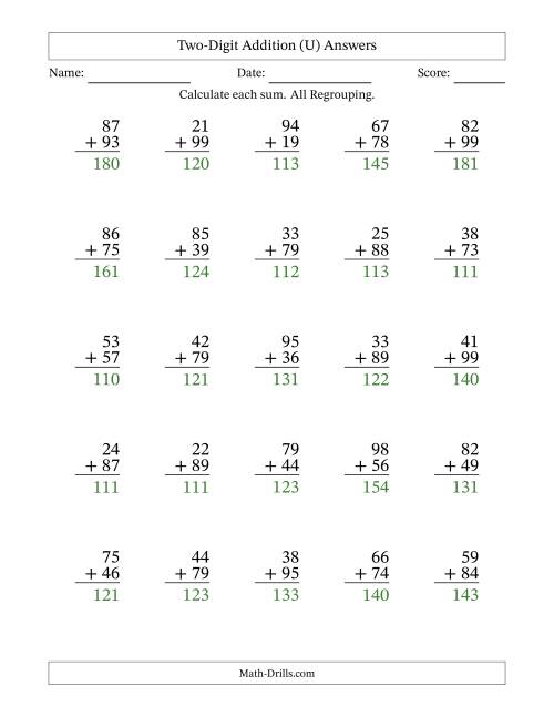 The Two-Digit Addition With All Regrouping – 25 Questions (U) Math Worksheet Page 2