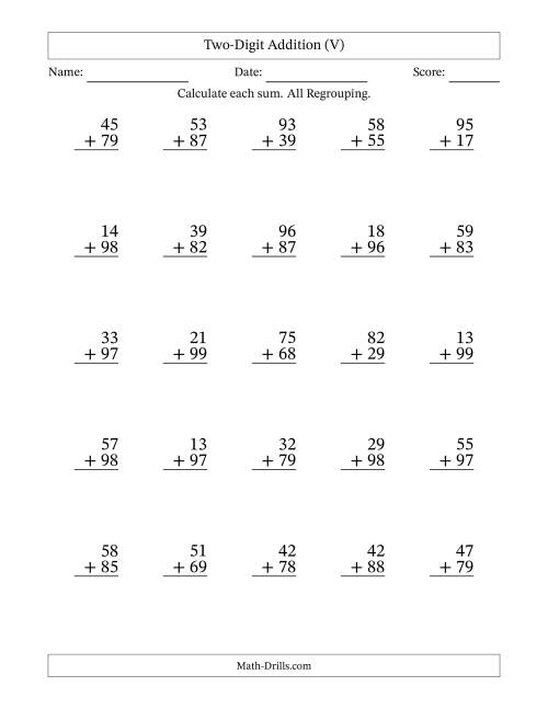 The Two-Digit Addition With All Regrouping – 25 Questions (V) Math Worksheet