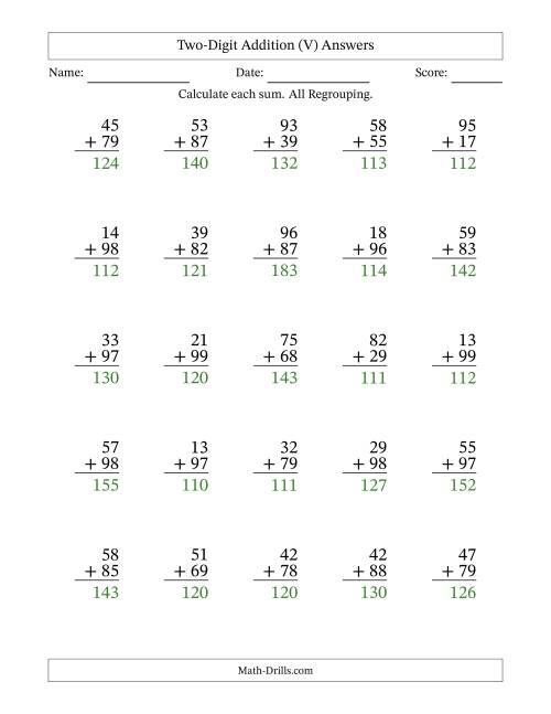 The Two-Digit Addition With All Regrouping – 25 Questions (V) Math Worksheet Page 2