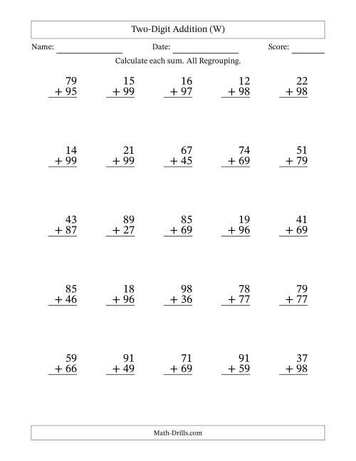 The Two-Digit Addition With All Regrouping – 25 Questions (W) Math Worksheet