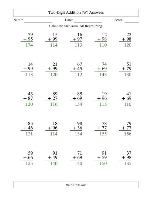 The Two-Digit Addition With All Regrouping – 25 Questions (W) Math Worksheet Page 2