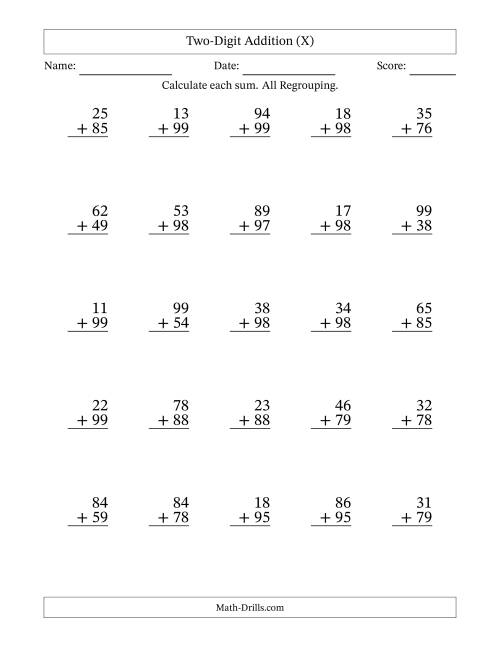 The Two-Digit Addition With All Regrouping – 25 Questions (X) Math Worksheet