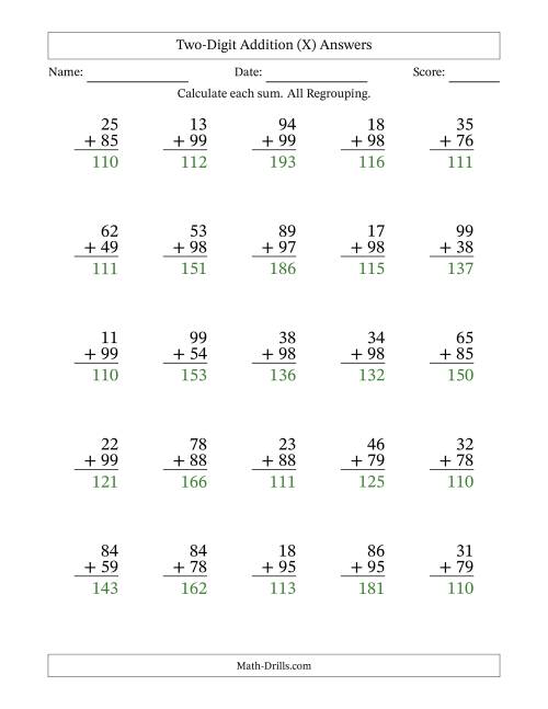 The Two-Digit Addition With All Regrouping – 25 Questions (X) Math Worksheet Page 2