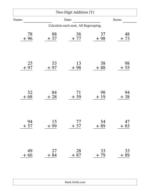 The Two-Digit Addition With All Regrouping – 25 Questions (Y) Math Worksheet