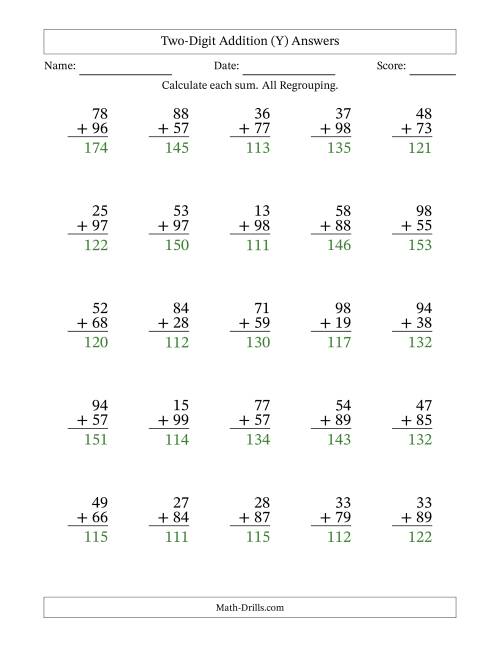 The Two-Digit Addition With All Regrouping – 25 Questions (Y) Math Worksheet Page 2