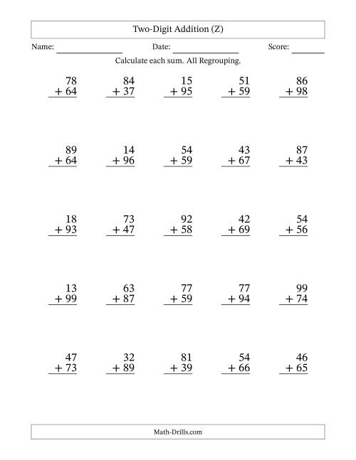 The Two-Digit Addition With All Regrouping – 25 Questions (Z) Math Worksheet