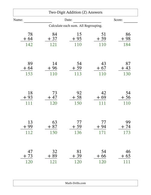 The Two-Digit Addition With All Regrouping – 25 Questions (Z) Math Worksheet Page 2