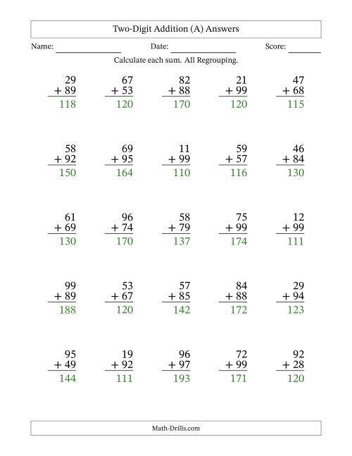The Two-Digit Addition With All Regrouping – 25 Questions (All) Math Worksheet Page 2