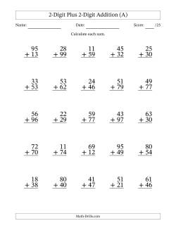 2-Digit Plus 2-Digit Addition With Some Regrouping (25 Questions)