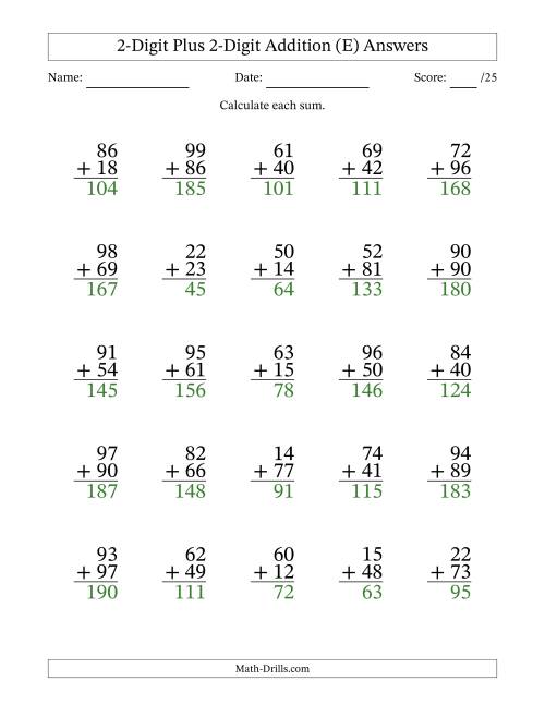 The 2-Digit Plus 2-Digit Addition With Some Regrouping (25 Questions) (E) Math Worksheet Page 2