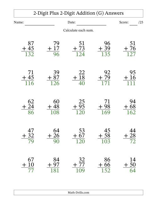 The 2-Digit Plus 2-Digit Addition With Some Regrouping (25 Questions) (G) Math Worksheet Page 2