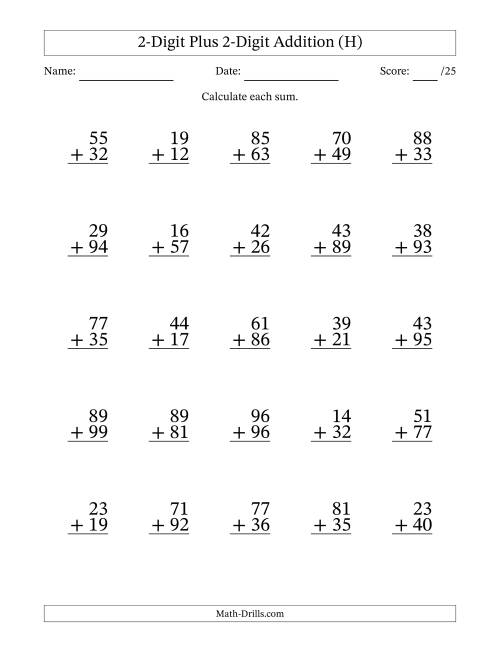 The 2-Digit Plus 2-Digit Addition With Some Regrouping (25 Questions) (H) Math Worksheet