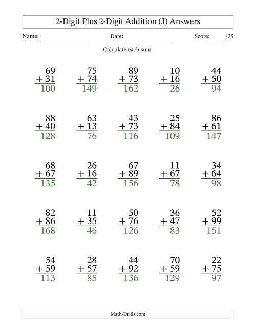 The 2-Digit Plus 2-Digit Addition With Some Regrouping (25 Questions) (J) Math Worksheet Page 2