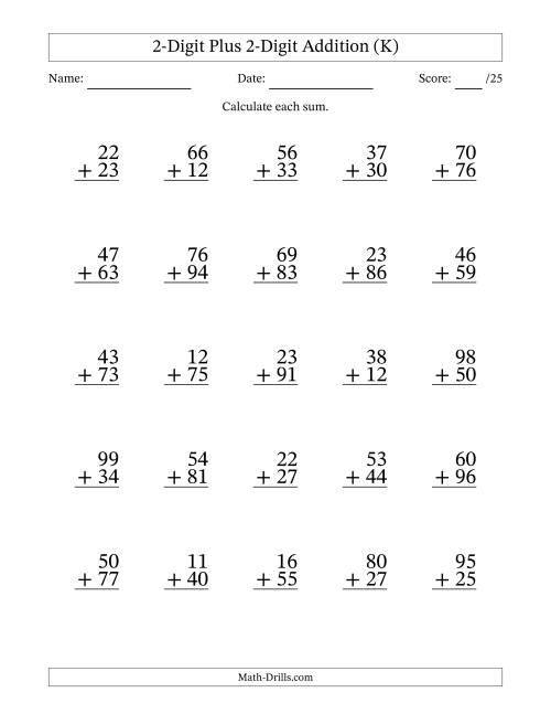 The 2-Digit Plus 2-Digit Addition With Some Regrouping (25 Questions) (K) Math Worksheet