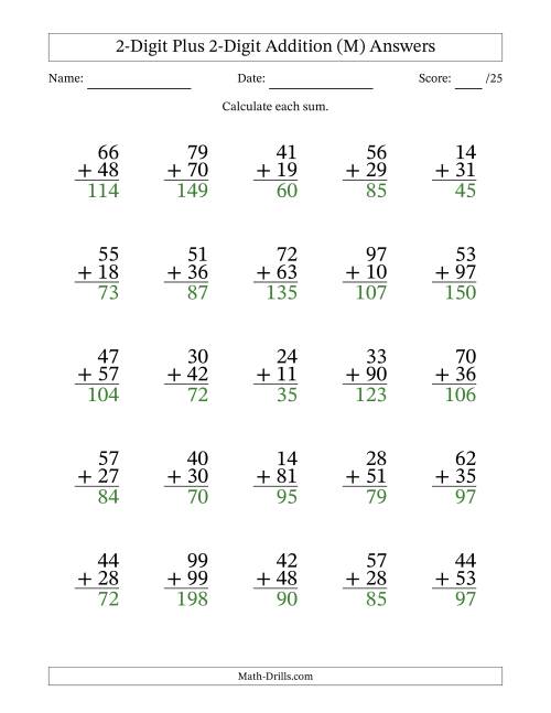 The 2-Digit Plus 2-Digit Addition With Some Regrouping (25 Questions) (M) Math Worksheet Page 2