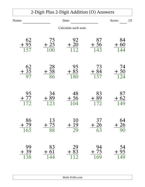 The 2-Digit Plus 2-Digit Addition With Some Regrouping (25 Questions) (O) Math Worksheet Page 2