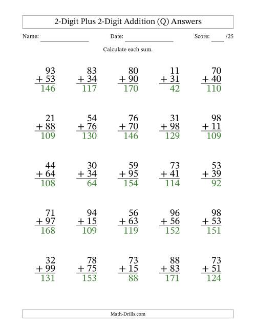 The 2-Digit Plus 2-Digit Addition With Some Regrouping (25 Questions) (Q) Math Worksheet Page 2