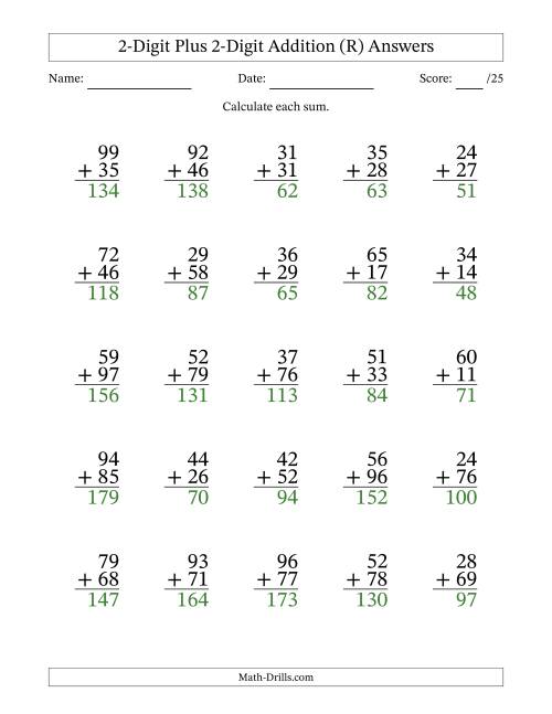 The 2-Digit Plus 2-Digit Addition With Some Regrouping (25 Questions) (R) Math Worksheet Page 2