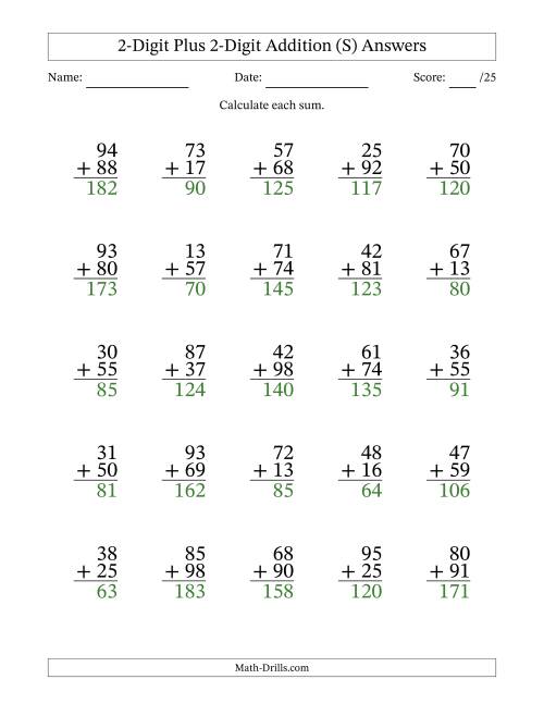 The 2-Digit Plus 2-Digit Addition With Some Regrouping (25 Questions) (S) Math Worksheet Page 2