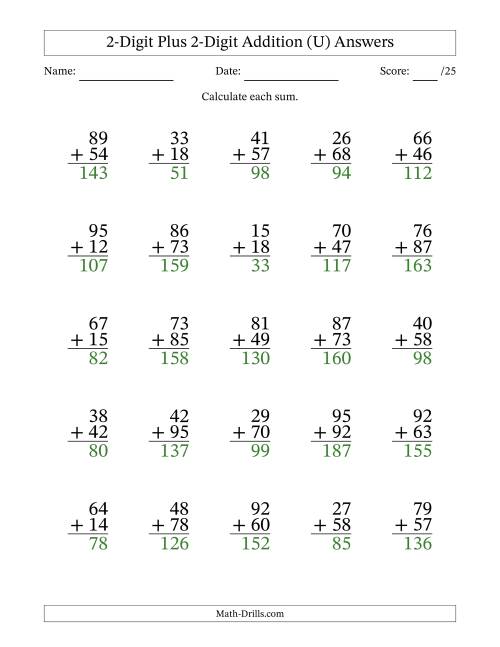 The 2-Digit Plus 2-Digit Addition With Some Regrouping (25 Questions) (U) Math Worksheet Page 2