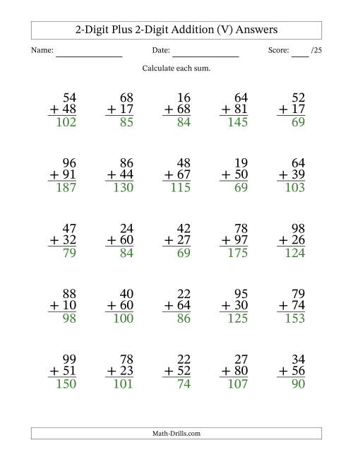 The 2-Digit Plus 2-Digit Addition With Some Regrouping (25 Questions) (V) Math Worksheet Page 2