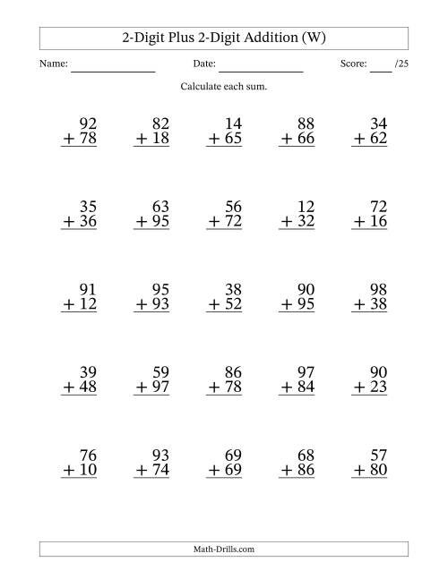 The 2-Digit Plus 2-Digit Addition With Some Regrouping (25 Questions) (W) Math Worksheet