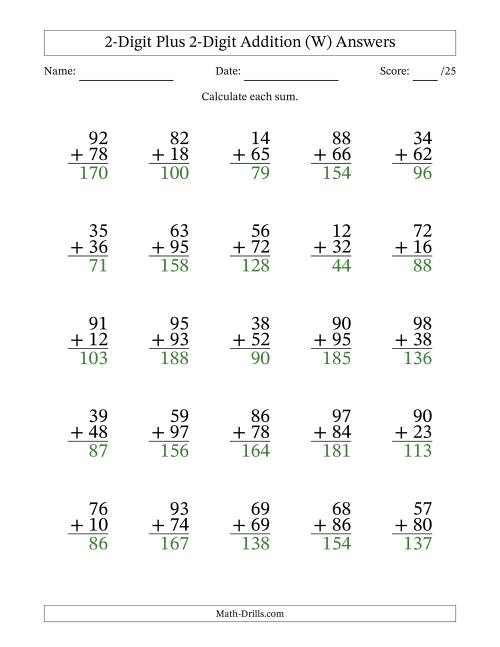 The 2-Digit Plus 2-Digit Addition With Some Regrouping (25 Questions) (W) Math Worksheet Page 2